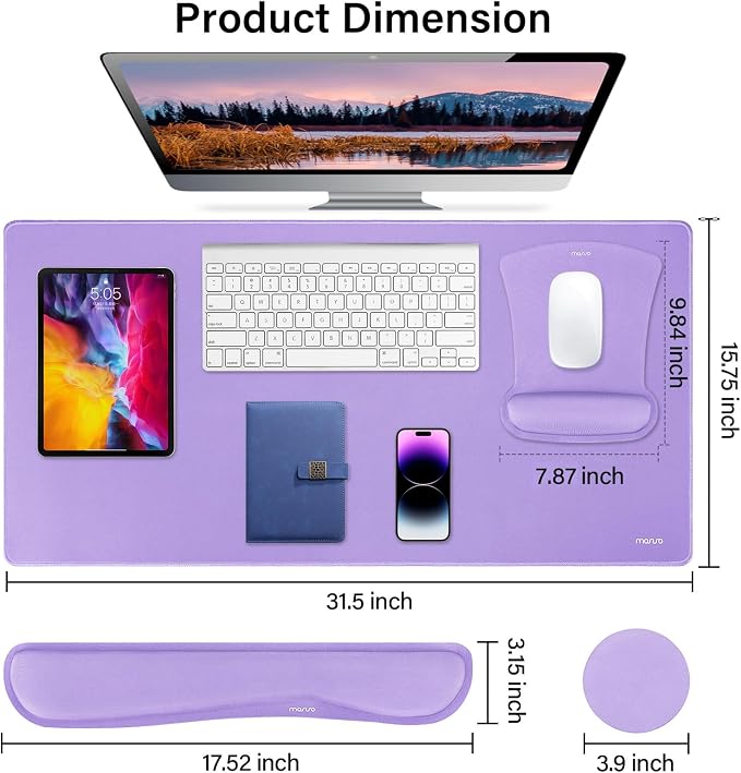 MOSISO Keyboard Mouse Pad Set, Large Gaming Mousepad&Keyboard Wrist Rest&Mouse Wrist Rest&Coaster, Ergonomic Non-Slip Mousepad&Easy Typing Cushion with Memory Foam for Home Office, Purple