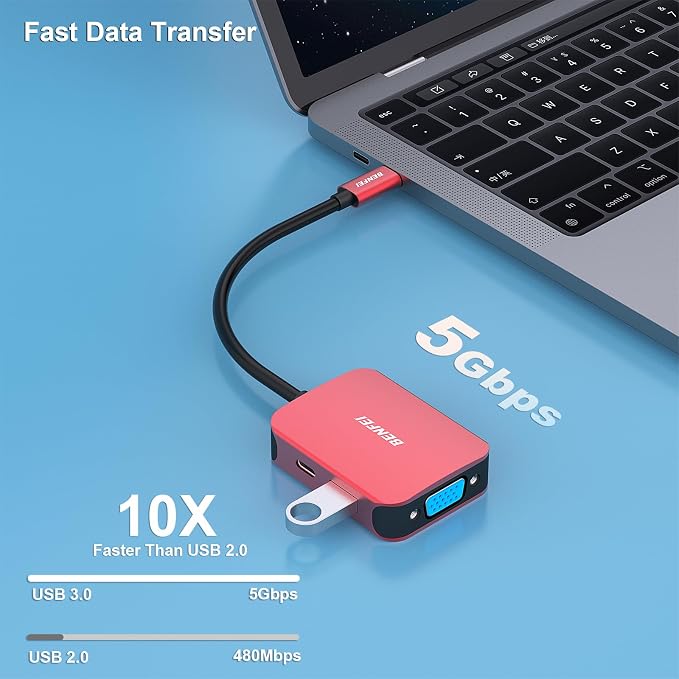 BENFEI USB C HUB 4-in-1, USB Type-C to HDMI VGA Adapter, USB C to USB Adapter, USB Type-C Power Delivery, Compatible with iPhone 15 Pro/Max, MacBook Pro/Air 2023, iPad Pro, iMac, S23, XPS 17