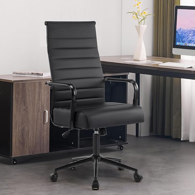 JOMEED Office Desk Chair,Conference Room Chair,High Back PU Leather Swivel | Modern Executive Ribbed Design, Ergonomic, Height Adjustable, Wheels and Arms, for Home Office(Black-Black Frame)