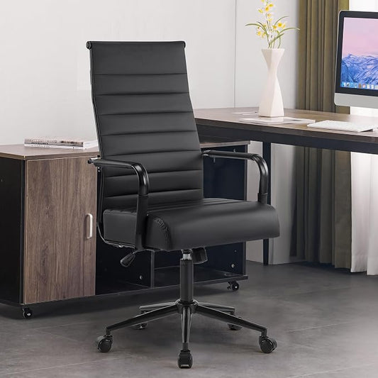 JOMEED Office Desk Chair,Conference Room Chair,High Back PU Leather Swivel | Modern Executive Ribbed Design, Ergonomic, Height Adjustable, Wheels and Arms, for Home Office(Black-Black Frame)