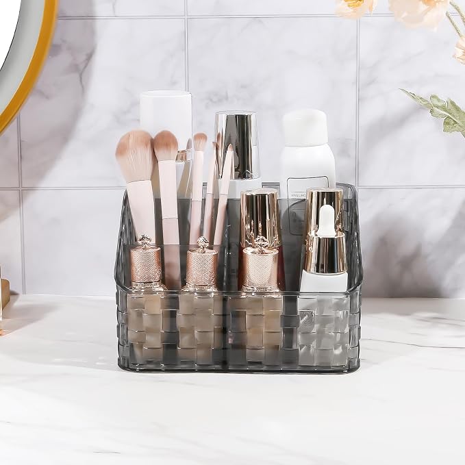 DASITON Makeup Brush Holder Organizer, 4 Slots Acrylic Makeup Brushes Storage Cup, Woven Texture Make Up Brush Holder for Vanity Bathroom Office, Pen Holder for Desk, Cosmetic Display Cases (Grey L)