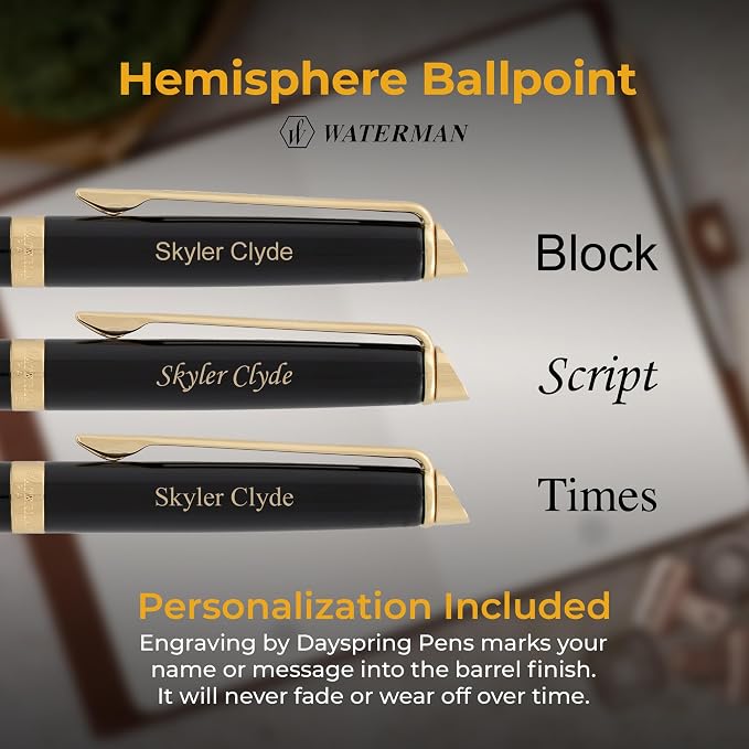Waterman Hemisphere Engraved Ballpoint Pen, Black Lacquer with 23K Gold Trim, Twist Action, Personalized Gift for Executives, Retirement, Board Members, Career Advancement, Gift Box Included