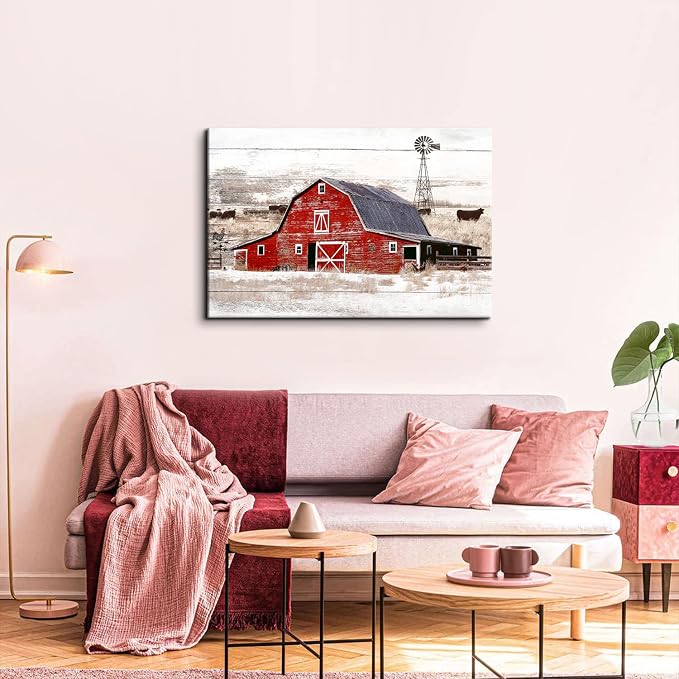 Country Old Barn Landscape Wall Art Farmhouse Windmill Wall Decor for Living Room Kitchen Office Vintage Highland Cow Poster Canvas Prints Rustic Meadow Scenery Painting Artwork Decorations 24x36”