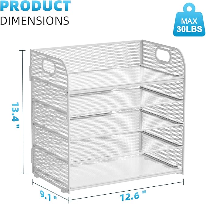 Marbrasse Paper Organizer Letter Tray, 5 Tier Mesh File Organizer with Handle, Paper Sorter Desk Organizer for Home Office Supplies - White