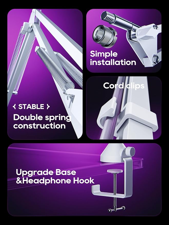 CACENCAN Boom Arm Micophone, Mic Arm Desk Mount Foldable with 3/8'' to 5/8'' Screw Adapter Adjustable Mic Stand for Podcasting Gaming Recording - White, M06W-US