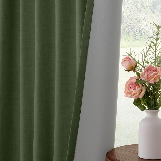 INOVADAY 100% Blackout Curtains for Bedroom, Olive Green Black Out Curtains 90 Inch Long, Clip Rings Linen Blackout Drapes, Thermal Insulated Room Darkening for Living Room, 2 Panels - W50xL90