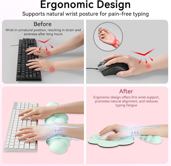 Sushret Cloud Wrist Rest for Computer Keyboard, 4-in-1 Memory Foam Leather Cloud Keyboard Wrist Rest and Mouse Pad Set with Ergonomic Support for Arm and Palm Cushion, Gaming/Work Setup, Light Green