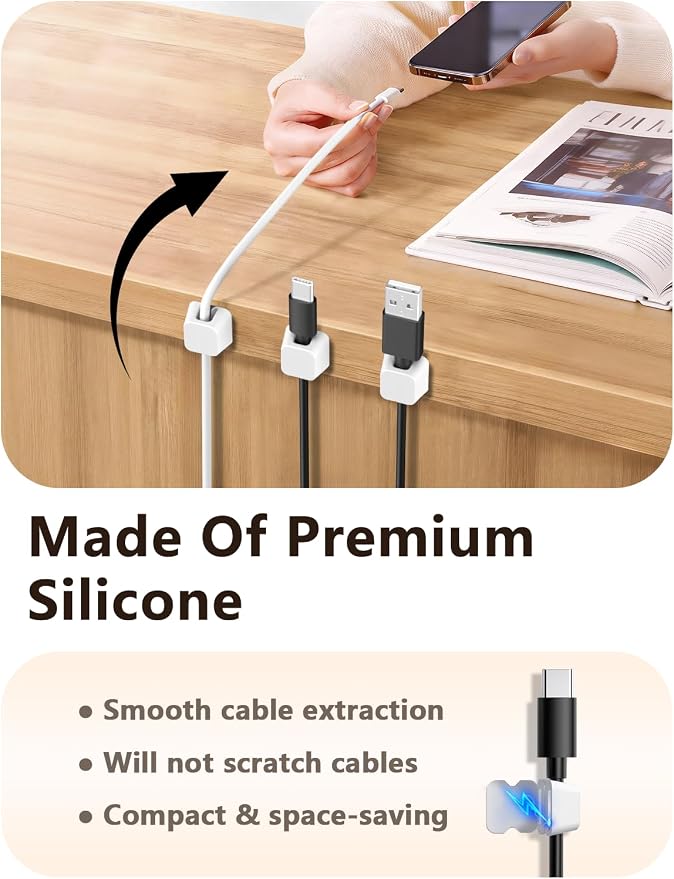 Viaky 8 PCS Magnetic Cable Holder, Magnetic Cable Clips,Charger Cord Holders for USB Type-C Earphone Wires, Multipurpose Cable Management Cord Organizer for Desk Nightstand Car Office(White)