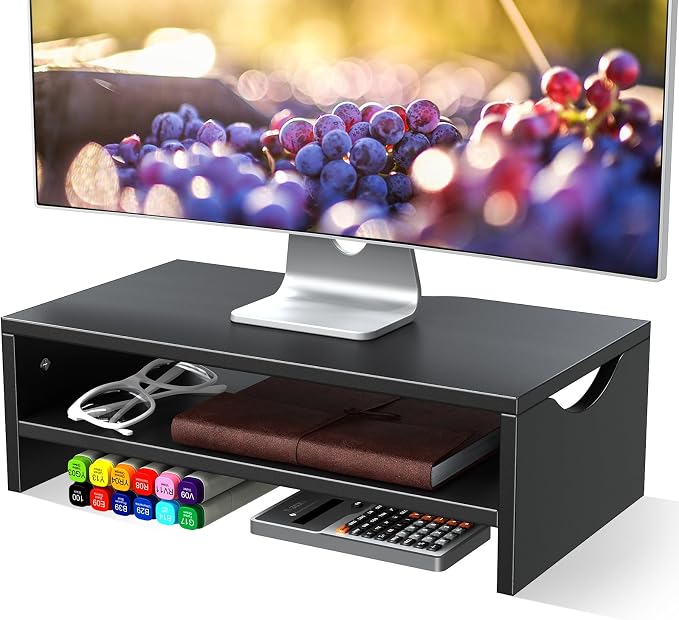 2-Tier Wood Monitor Stand Riser for Laptops & PCs, Black | Built-in storage desktop shelf, space-saving organizer compatible with MacBook, notebook and all desktop computers