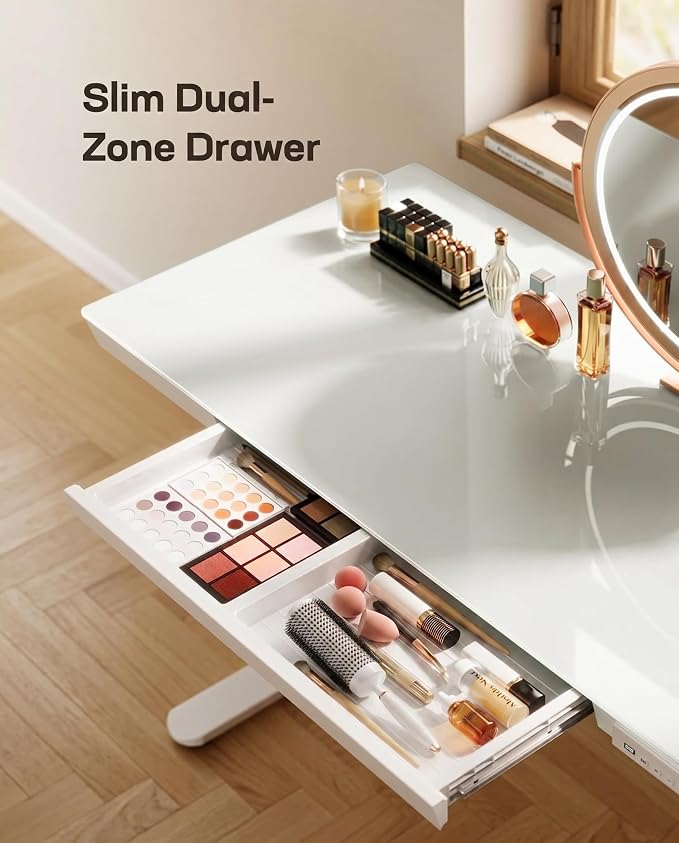 Marsail Glass Standing Desk with Drawers, 47.24 inch Electric Standing Desk, Height Adjustable Desk with One-Piece Tabletop & USB Charging Ports, Sit Stand Desk with Storage for Home & Office White