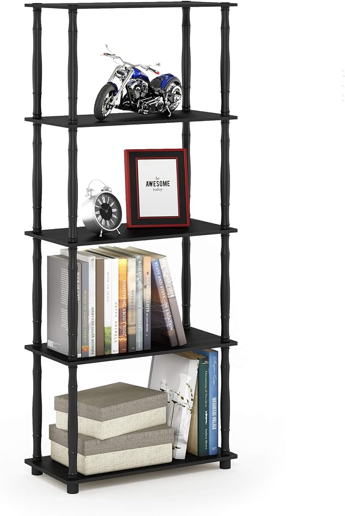 Furinno Turn-N-Tube 5-Tier Multipurpose Shelf / Display Rack / Storage Shelf / Bookshelf, Classic Tubes, Americano/Black | Open Shelves Corner Bookshelf, Display Storage Shelves, Classic Tubes, for Organization, Living Room, Home Office