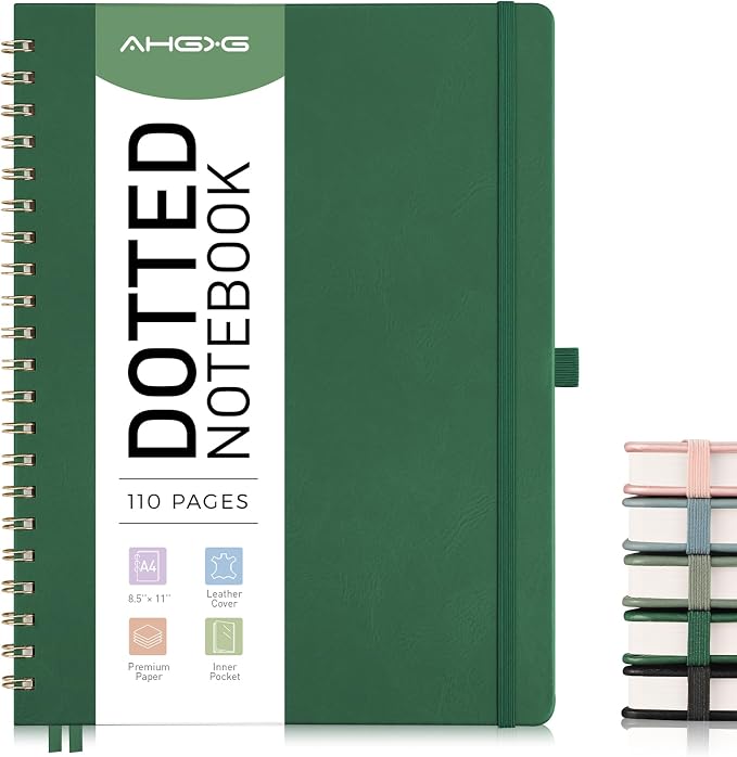 AHGXG Dotted Journal Spiral Notebook 8.5" x 11", Large A4 Leather Hardcover Dotted Notebook, 100 GSM Thick Dot Grid Paper, Inner Pocket, for Bullet Journaling, Green