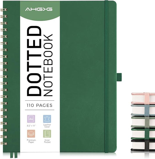 AHGXG Dotted Journal Spiral Notebook 8.5" x 11", Large A4 Leather Hardcover Dotted Notebook, 100 GSM Thick Dot Grid Paper, Inner Pocket, for Bullet Journaling, Green