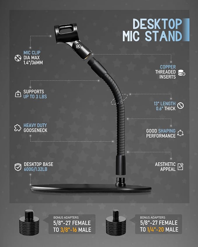 13-IINCH Desktop Microphone Stand - Heavy-Duty Flexible Gooseneck Mic Holder with Elliptical Metal Mount Base for Tabletop, Desk, Podium & Counter Use, KBT58