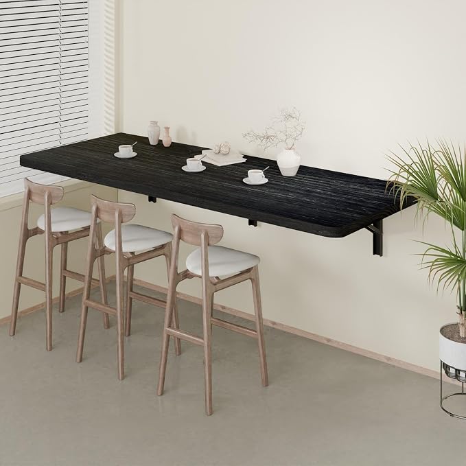 IAE Floating Wall Mounted Folding Table Desk with Pine Wood,55" x 22" Folding Workbench,Fold Down wall Mounted Foldable Table with Shelf Brackets,Laundry Folding Table for Apartment,Home,Kitchen,Black