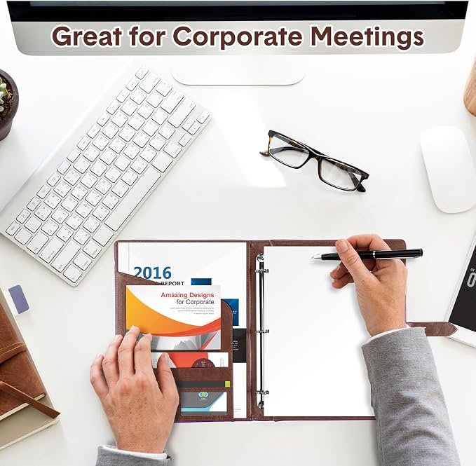 Eersida 2 Pcs 2 Pcs Padfolio 3 Ring Leather Binder Business Portfolio Folder A4/Letter Size Back to School for Organizer Documents Business Cards Conference Office Gifts for Men or Women (Black,Brown)