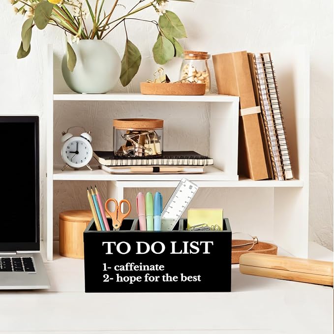 Funny Pen Pencil Holder for Desk, Funny Office Gifts for Coworkers Women Men, to Do List Wooden Box Sign Organizer for Office Workplace Desk Accessories Tabletop Decorations