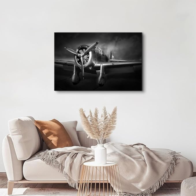Airplane Canvas Wall Art for Men Bedroom, Black and White Military Plane Turbine Propeller Picture Wall Decor Living Room Vintage Aircraft Prints Paintings Artwork for Walls Home Decorations 24x36"