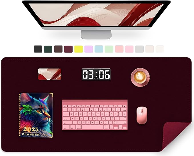Large Desk Mat 35.4" x 17", PU Leather Desk Pad Protector, Non-Slip Large Mouse Pad for Desk, Waterproof Computer Desk Mat, Office Desk Pad for Keyboard Mouse, Desk Writing Mat (Burgundy)