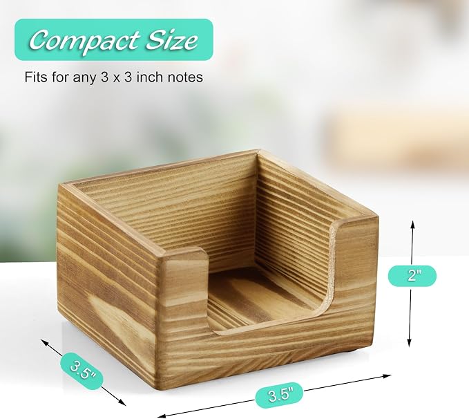 Burnt Wood Sticky Note Holder, 3 x 3 Inch Post It Note Dispenser for Office Desk Accessories, Self Stick Note Pad Holder, Memo Pad Holder Dispenser Organizer for School Office Desk Supplies