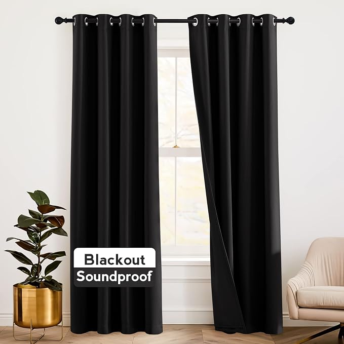 RYB HOME 3-in-1 Soundproof - Blackout - Thermal Insulation Living Room Divider Curtains, Large Bay Window Noise Blocker Curtains for Bedroom Home Theatre Apartment, Black, W 52 x L 90 inches, 2 Pcs