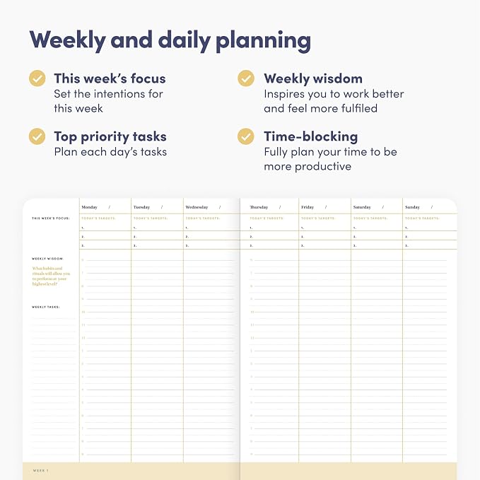 BestSelf Self Planner – 6-Month Undated Life Planner for Goal Setting, Time Management & Productivity – 7"x10" Navy Notebook