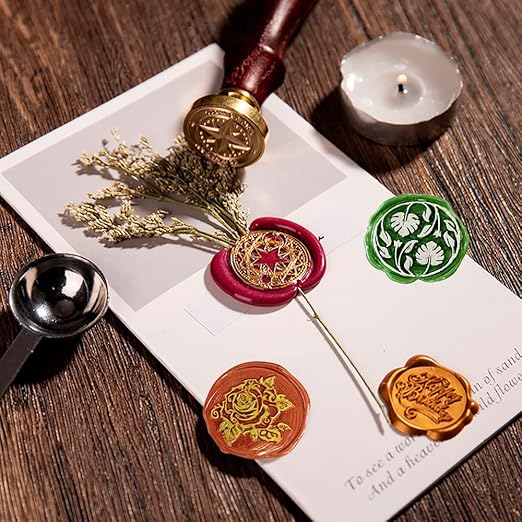 Wax Seal Stamp Hot Stamping Gift Box Set, 6 Pcs Sealing Wax Stamps Copper Seals 1 Wooden Hilt, Wax Stamp Kit for Cards Envelopes, Gift Packaging (Plant)