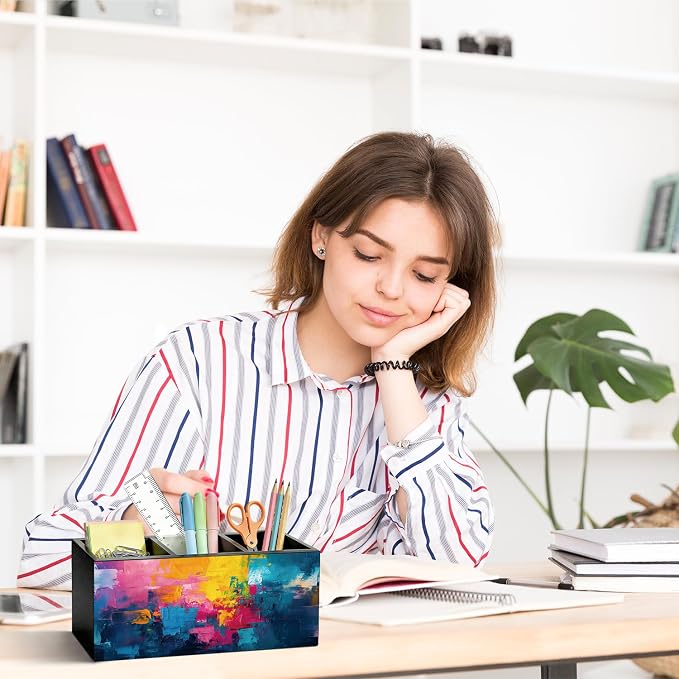Modern Multicolor Tones Pen Pencil Holder for Desk, Gifts for Women Men, Office Humor Gifts for Coworkers Wooden Box Sign Organizer for Office Workplace Desk Accessories Tabletop Decorations