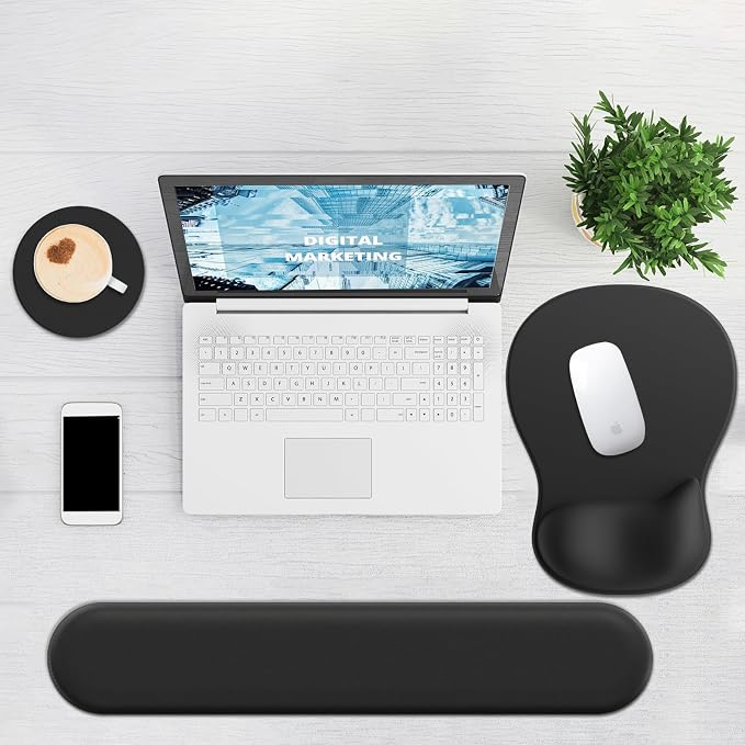 Ergonomic Mouse Pad with Wrist Rest and Keyboard Wrist Rest, Black Mousepad and Wrist Rest for Computer Keyboard, Pain Relief, Non-Slip PU Base, Gel Mouse Pad with Wrist Support for Gaming, Office