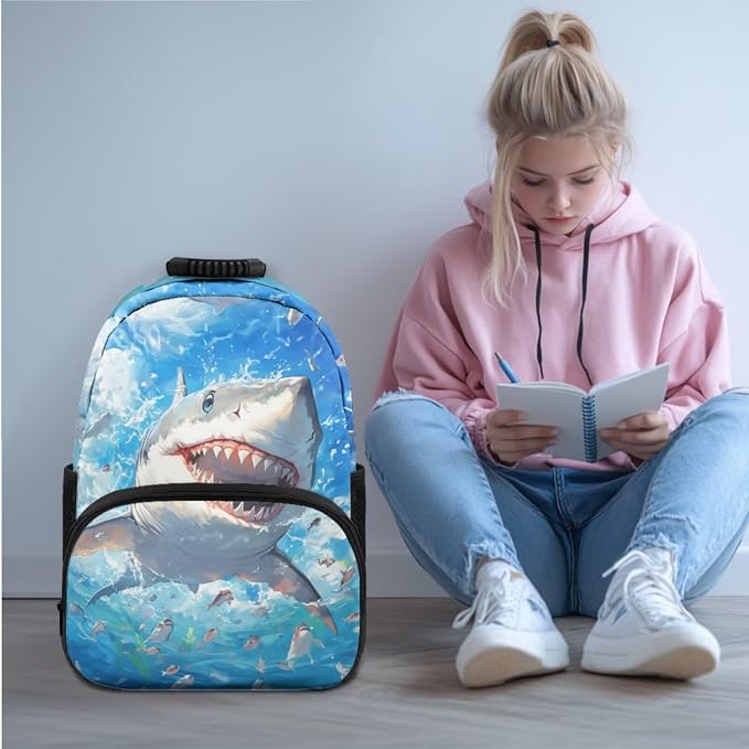Ystardream 4 Pcs Boys Backpack with Lunch Box Elementary School Cartoon Shark Backpack with Comfortable Adjustable Straps School Bag with Pencil Box & Water Bottle Sleeve for Boys&Girls Student