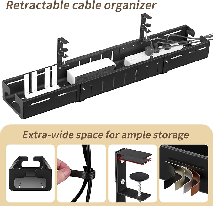 Under Desk Cable Management Tray,Expandable 25.2Inch – 38Inch,Black | Heavy Duty Carbon Steel,Cable Tray with No Drill Clamp Mount,Adjustable Under Desk Cord Management for Office Home,Rustproof