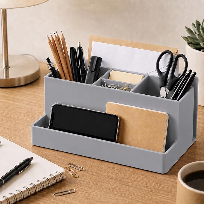 Acrimet Desktop Organizer - Multi Organizer Caddy Holder for Office, Home and School use (Plastic) (Silver Color) | Office Notebook, Briefcase, Pads & Accessories