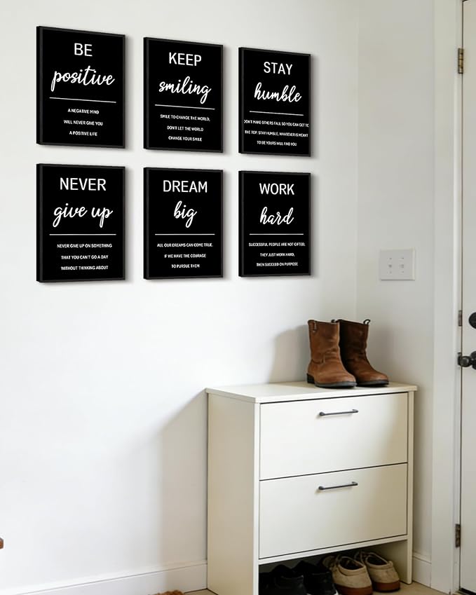 KUVIOKE Inspirational Framed Wall Art Motivational Quotes Wall Decor Encouraging Office Posters Sayings for Classroom Bedroom Living Room Ready to Hang Set of 6, 8x10in (Black Framed)