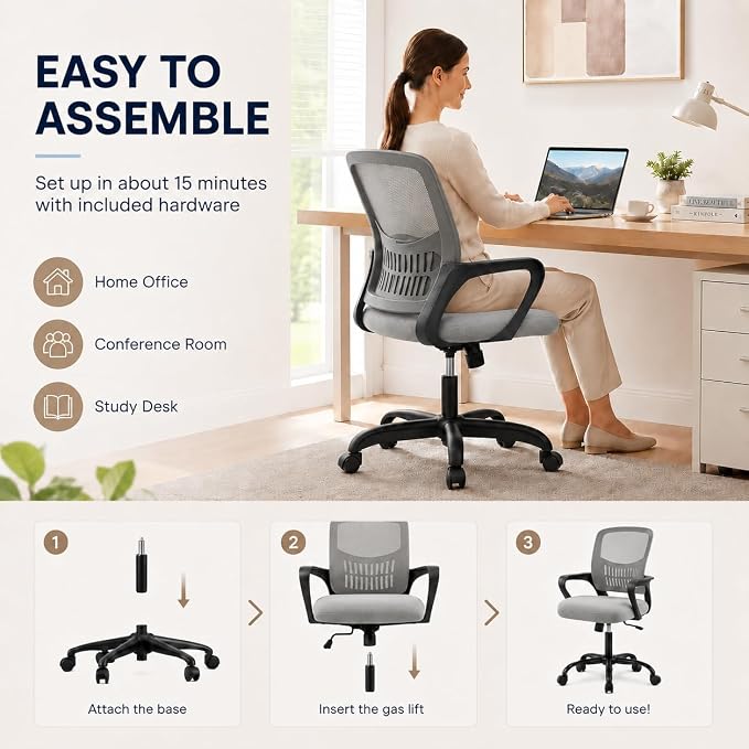 Ergonomic Office Chair, Home Office Desk Chair, Game Chair with Lumbar Support, Breathable Mesh Chairs, Swivel Desk Chairs for Computer, Home, Office, 360° Swivel (Grey)
