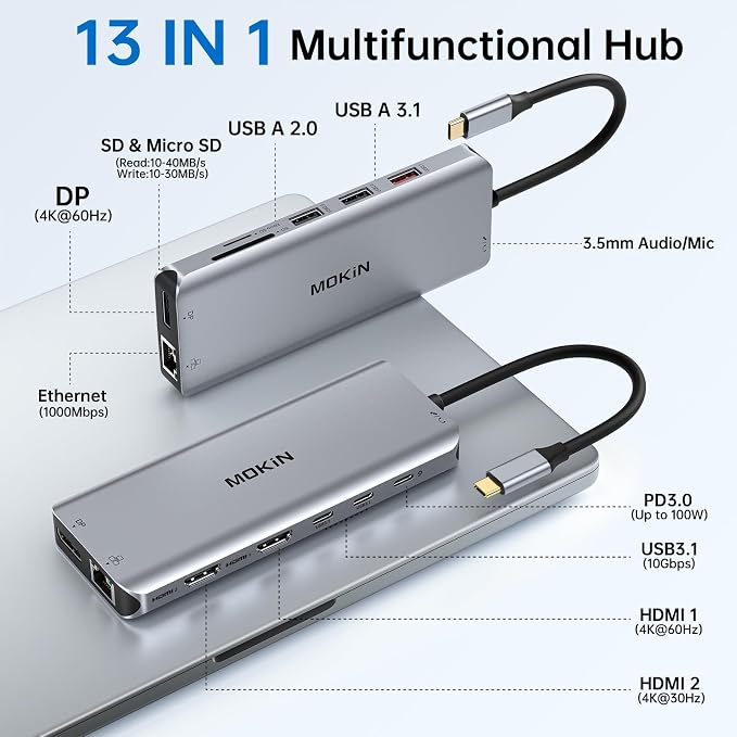USB C Laptop Docking Station Dual Monitor Dual HDMI 4K DP Triple Display Hub, 13 in 1 MOKiN USB C Hub with 3 Monitors, DisplayPort, USB 3.1, RJ45, 100W PD, Card Reader, Audio/Mic, for Dell HP Lenovo