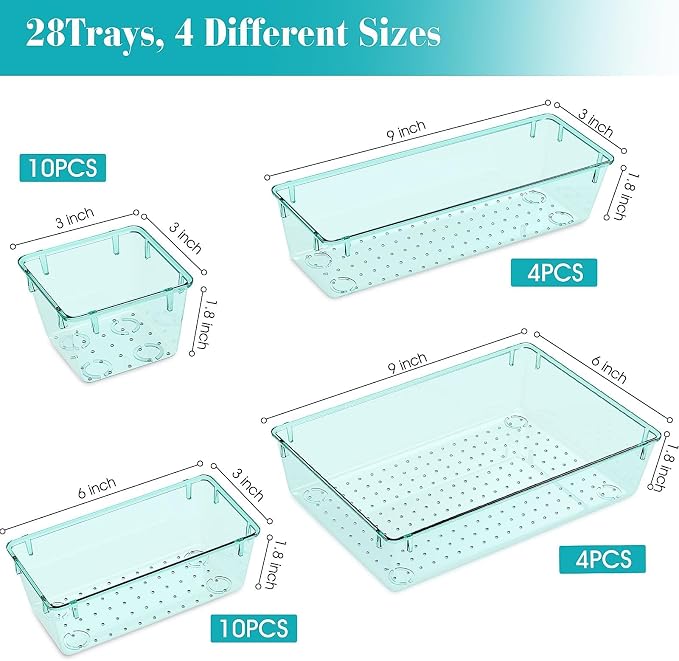 StorMiracle 28 PCS Clear Plastic Drawer Organizers Set, 4 Size Desk Drawer Organizer Trays for Makeup, Jewelry, Kitchen Utensils, Gadgets and Office Accessories, Sea Blue