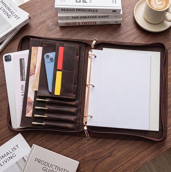 AZXCG Genuine Leather Portfolio Binder for Men& Women,Portfolio Organizer with Zipper,Leather 3 Ring Binder for iPad Pro 12.9,Business Portfolio for Men,Gift for Father's Day