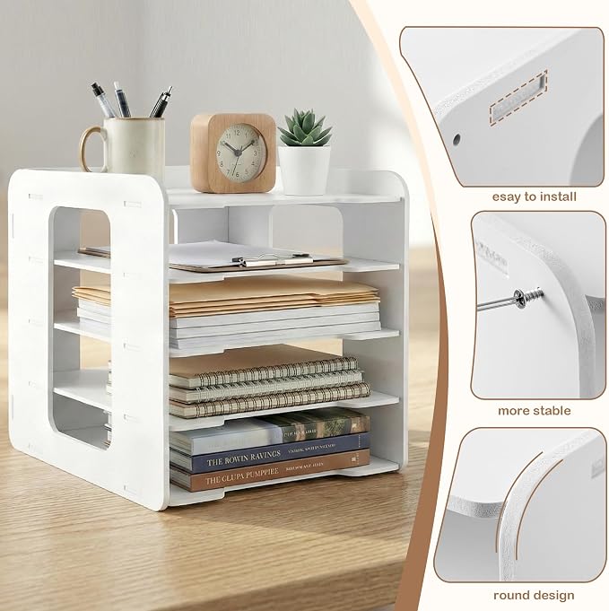 Desk Organizer, 5-Tier File Organizer for Desk, Letter Tray Paper, Desktop Document Sorter for Letter, File Folder Holder with Pen Holder for Office, Home or School- White MLT001W5