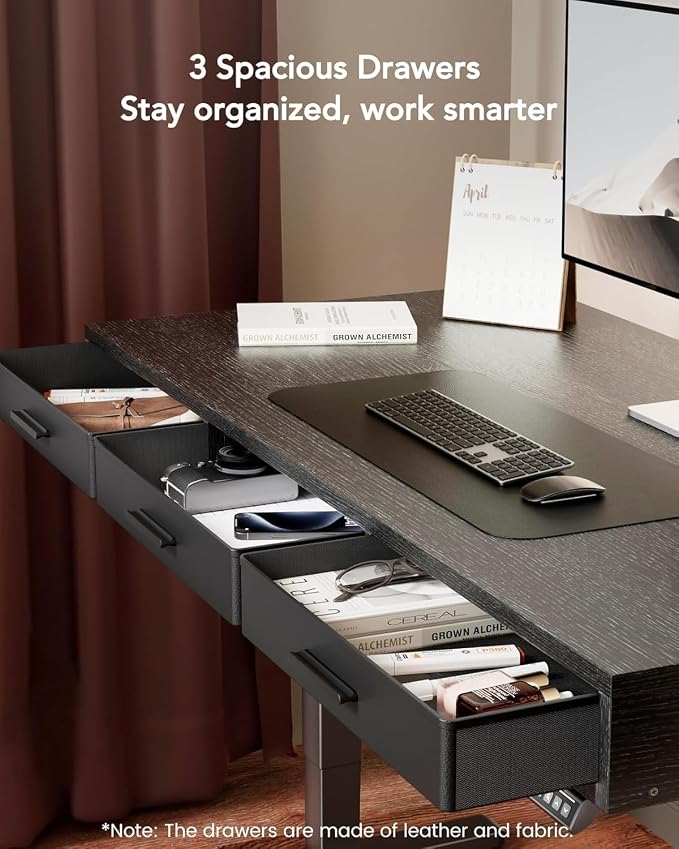 HUANUO Electric Standing Desk with Drawers, C-Clamp Mount Compatible, 55 x 28 Inch Height Adjustable Sit Stand Desk, Fabric Drawers, Home Office Stand Up Desk with 4 Custom Height Settings, Black