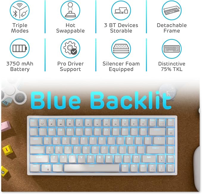 RK ROYAL KLUDGE RK84 Wireless Blue Backlit 75% Triple Mode BT5.0/2.4G/USB-C Hot Swappable Mechanical Keyboard, 84 Keys Tenkeyless Mechanical Keyboard w/Programmable Software, Blue Switch