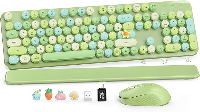 Wireless Keyboard and Mouse Combo, Cute Retro Typewriter Keyboard with Round Keycaps, Full-Size Aesthetic Keyboard with Magnetic Wrist Rest, 2.4G USB for Windows/Mac Desktop Laptop (Green Multi-Color)