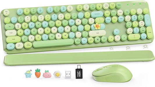 Wireless Keyboard and Mouse Combo, Cute Retro Typewriter Keyboard with Round Keycaps, Full-Size Aesthetic Keyboard with Magnetic Wrist Rest, 2.4G USB for Windows/Mac Desktop Laptop (Green Multi-Color)