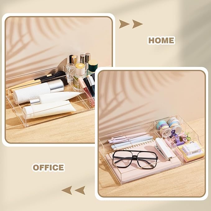 Briwooody Clear Acrylic Drawer Organizer,5 Compartments,Large | 12.2 x 8.27 x 1.77 Inch Desk Storage Tray Organizer for Pen, Stationery, Desktop, Office, Bathroom, Kitchen, Makeup Supplies