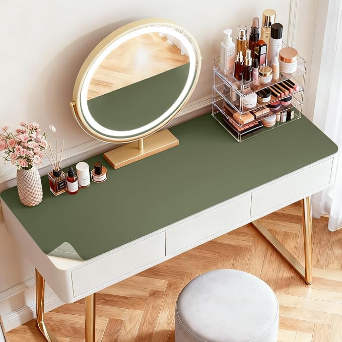 LovePads Makeup Mat for Vanity, 17 x 28 Dual-Sided Desk Pad & Vanity Cover Top, Waterproof PVC Protector Mat for Dresser, Nail Art, Craft Table (Green+Grey)