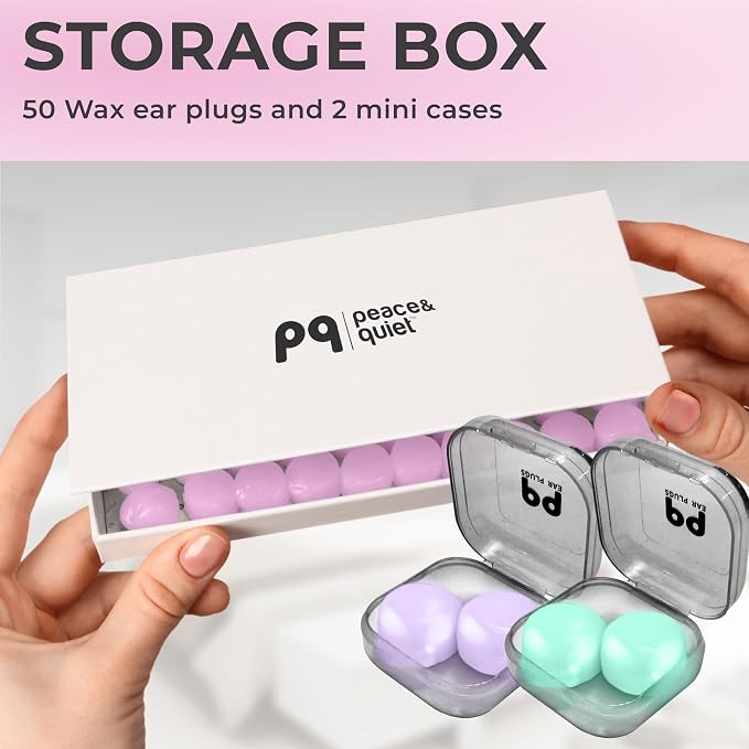 Peace&Quiet PQ Wax Ear Plugs for Sleeping, Swimming - 50 Soft Noise Cancelling Silicone Gel Wax Earplugs for Sleep and Swimmers, Ear Protection with Sound Blocking Level of 32 Db,