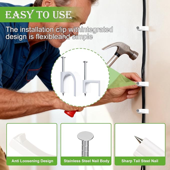 mxuteuk 100PCS Cable Clips with Steel Nails,10mm Round White Cable Wire Clips,Wall Clips for Cords,Cable Cord Clips for RG6 RG59 CAT6 RJ45