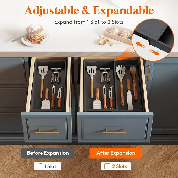 Lifewit Utensil Organizer for Kitchen Drawer, Expandable Cooking Tray | Adjustable Cutlery Flatware Holder, Plastic Silverware Spatula Tools Storage Divider, 7.5-12.9 x 16.1", Black