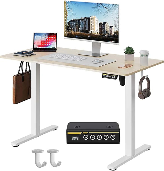 40 x 24 Inch Height Adjustable Standing Desk, 3 Presets, Natural | 40 x 24 in Desktop, 28.3–46.5 in Height, 2+3 Controls, ≤45 dB, 154 lb Capacity, 2 Hooks