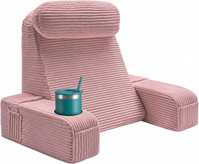 Reading Pillow for Adults, Back Pillow for Bed Sitting Up, Backrest Pillow for Sitting in Bed, Detachable Arms with Built-in Cup & Phone Caddy (Dusty Pink-Corduroy, 19 INCH)