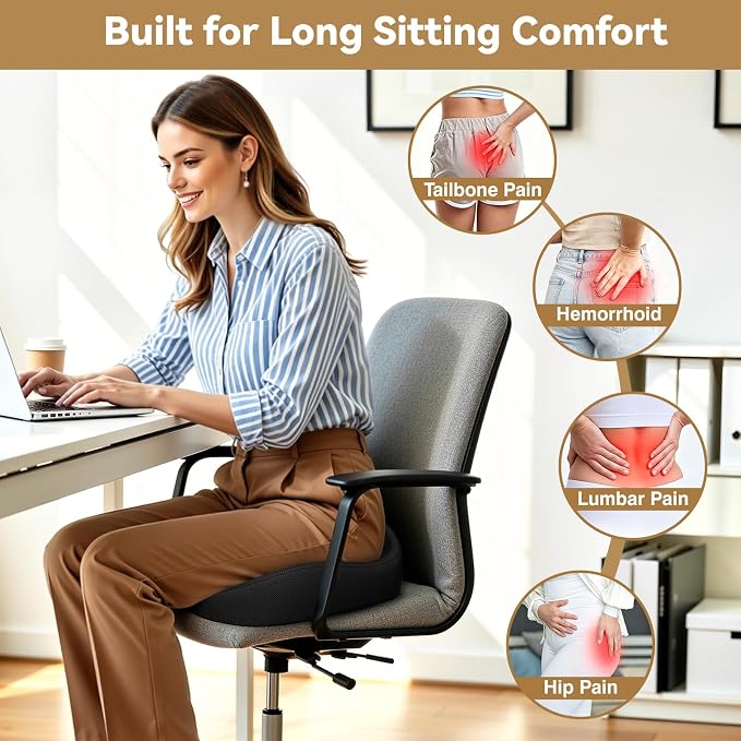 TushGuard 4-Zone Ergonomic Seat Cushion with Coccyx Cutout, Black | Office Chair Cushions for Tailbone Pain, Non-Slip Bottom, Breathable Washable Mesh, Versatile Use for Car, Office, Wheelchair